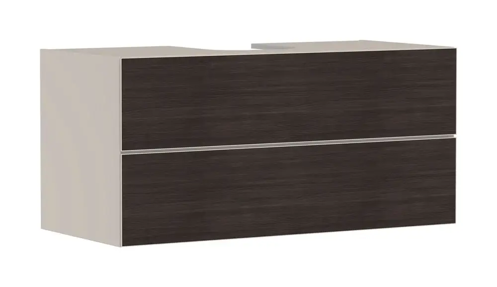 Waschtischunterschrank in Sandbeige mit zwei Schubkästen. Gefertigt von Hansgrohe, geeignet für einen Aufsatzwaschtisch. Oberfläche in mattem Finish.